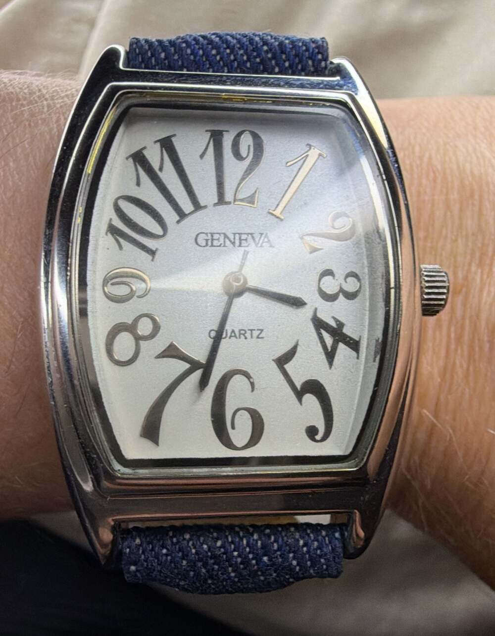 Geneva Blue Denim Strap Quartz Women's Watch with Tonneau Case and White Dial